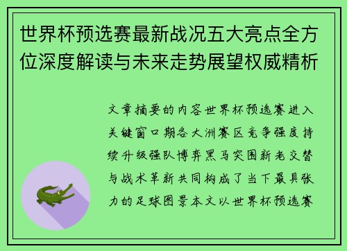 世界杯预选赛最新战况五大亮点全方位深度解读与未来走势展望权威精析